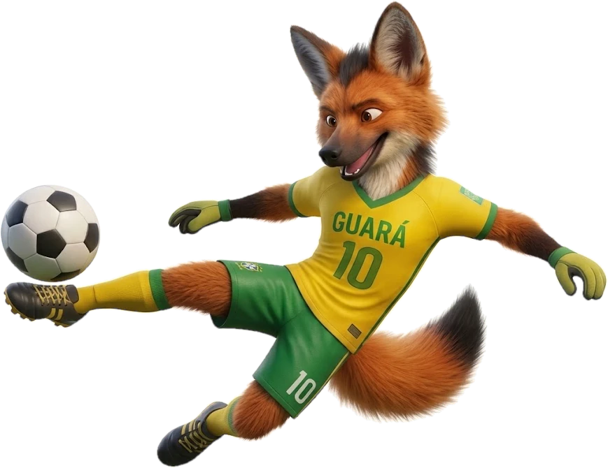 Craque Guará, mascote do canal, chutando uma bola
